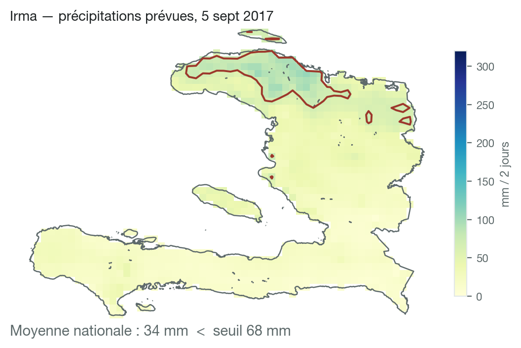 Précipitations prévues CHIRPS-GEFS pour Irma, émises le 5 septembre 2017 : moyenne nationale 34 mm malgré des pixels au-dessus de 68 mm au nord