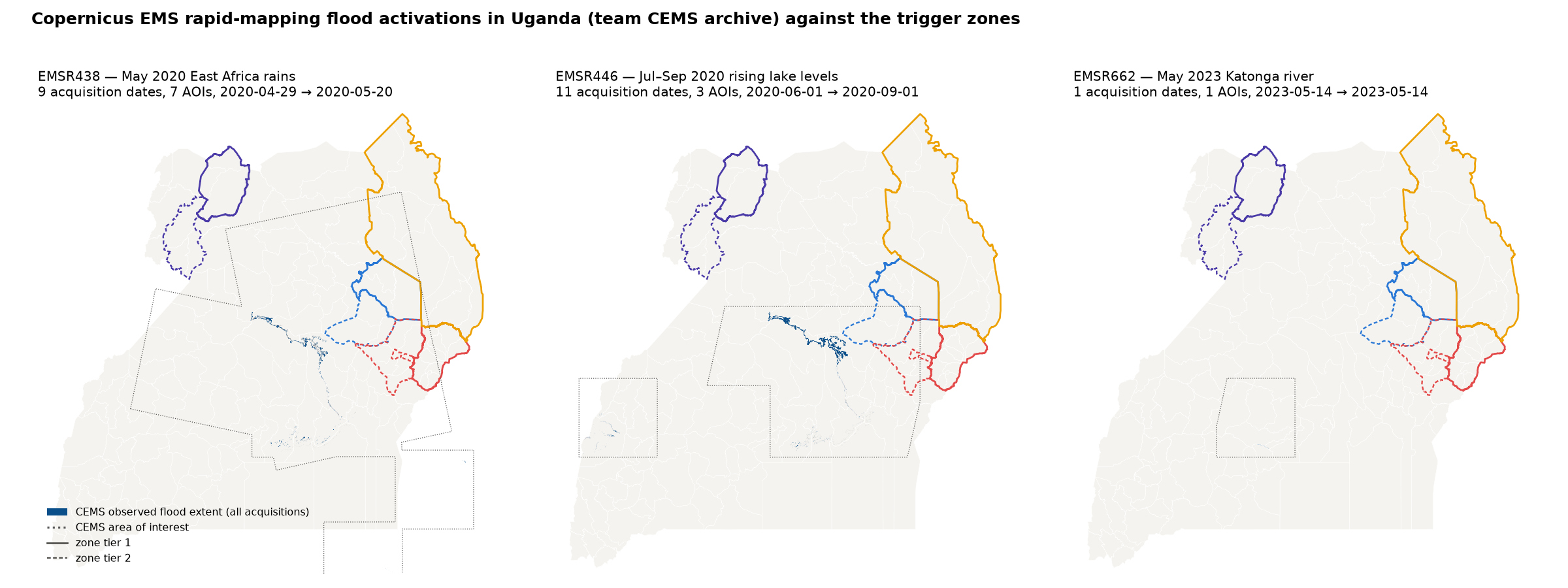 Three maps of Uganda with CEMS flood polygons and the trigger zones