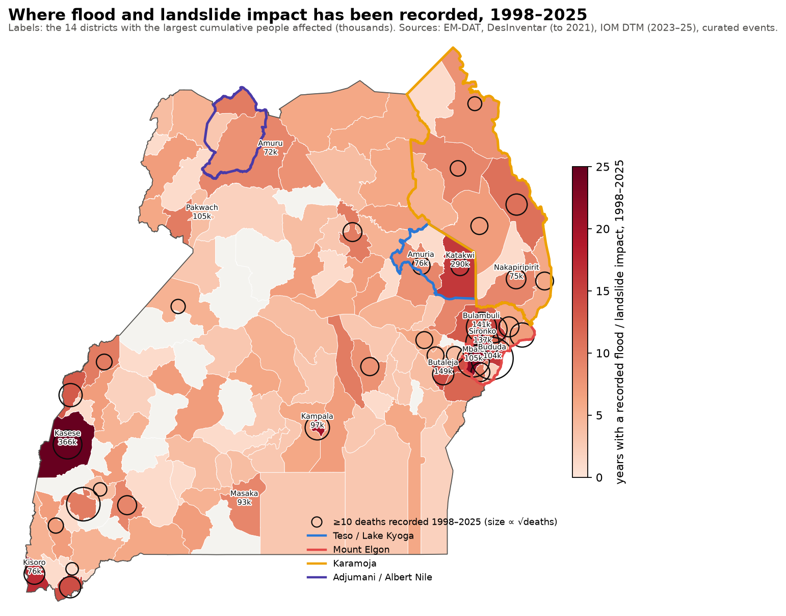 Uganda districts coloured by number of years with recorded impact