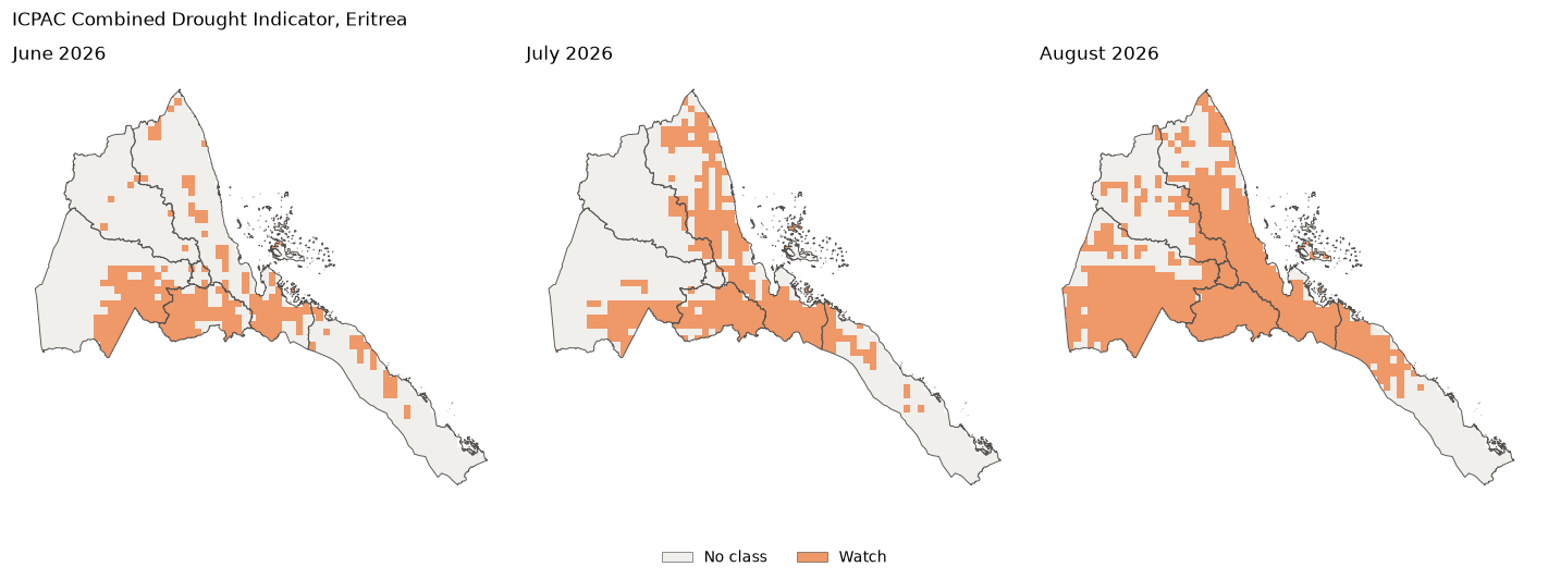 Three maps of Eritrea for June, July and August 2026 showing areas under Watch (rainfall shortage) in orange. The orange area grows each month, covering most of the south and centre by August. No area is at Warning or Alert.