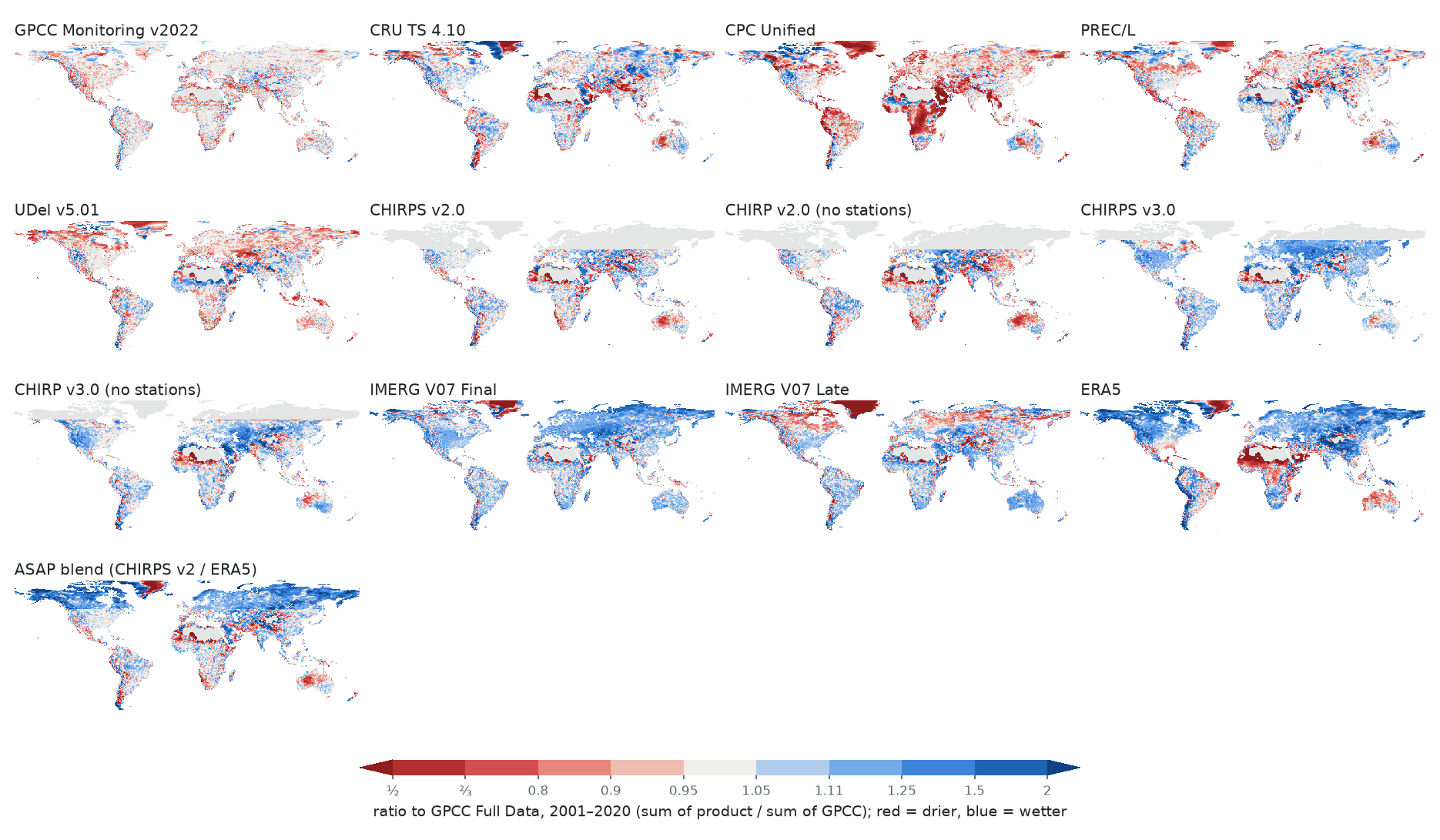 Small-multiple maps of each product's ratio to GPCC 2001–2020.