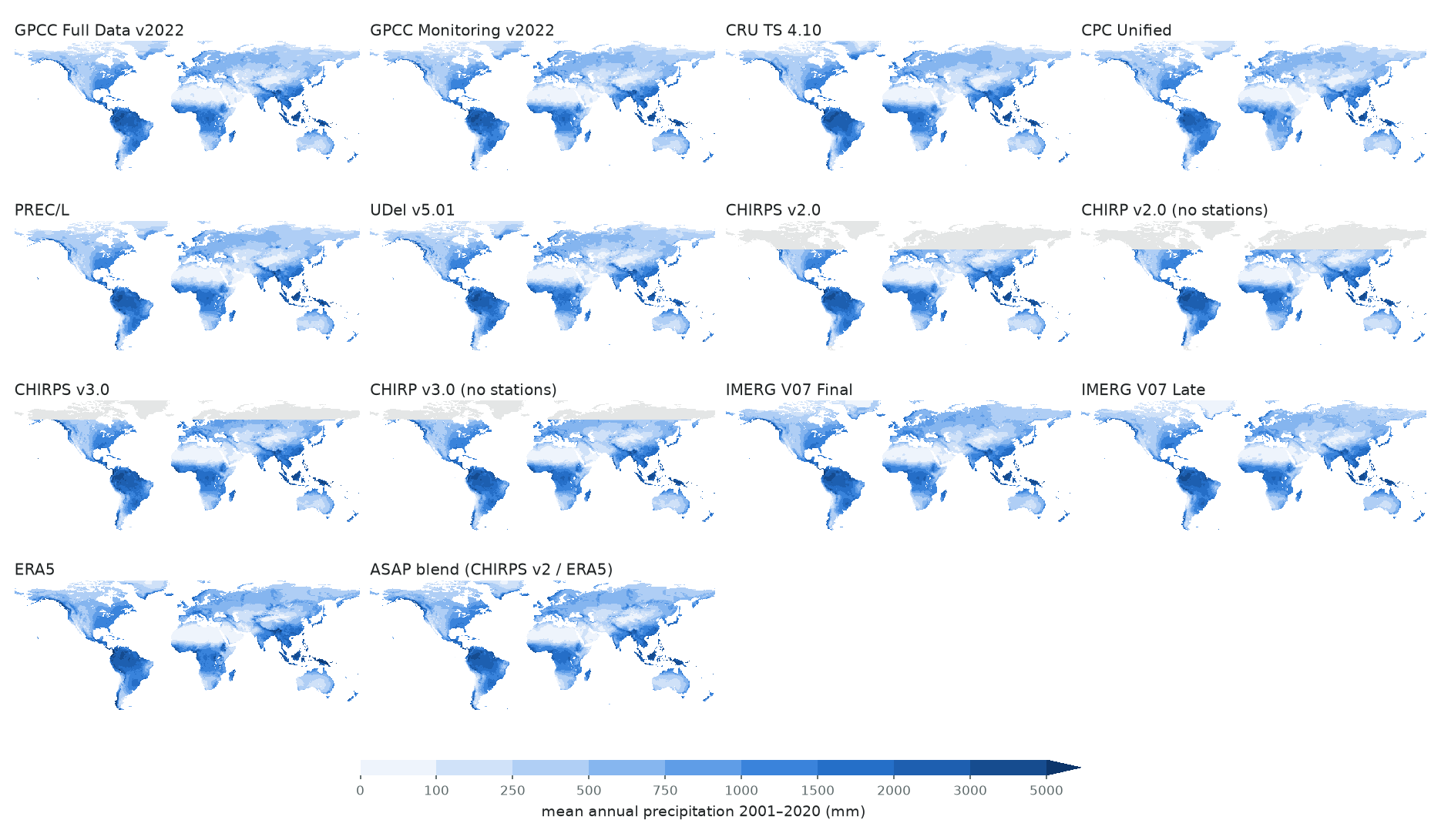 Small-multiple maps of mean annual precipitation 2001–2020 for each product.