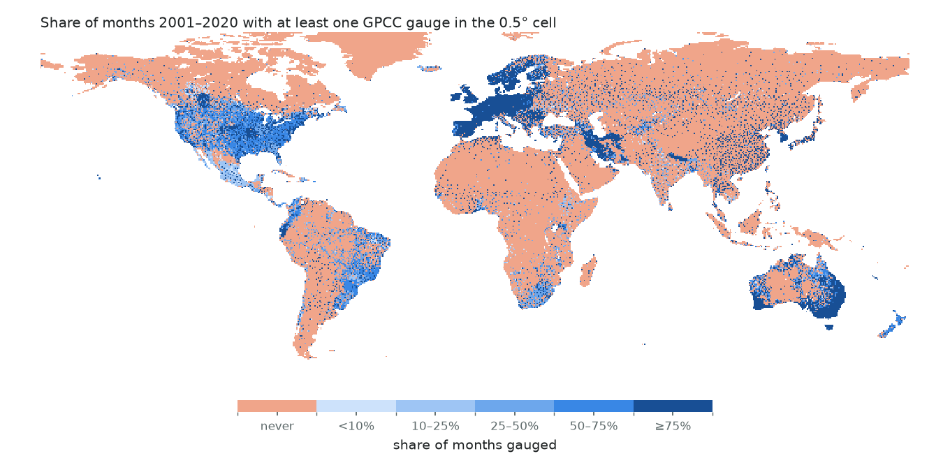 Map of the share of months 2001–2020 with at least one GPCC gauge per 0.5 degree cell.