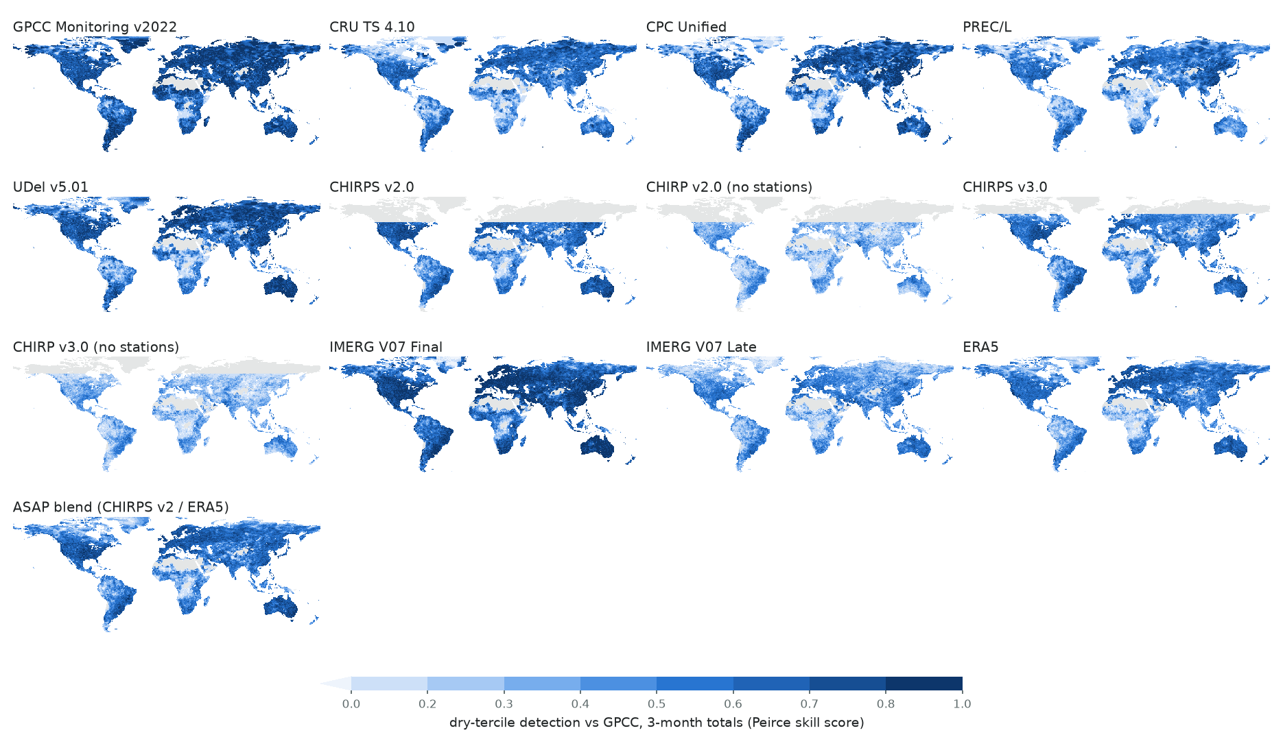 Small-multiple maps of dry-tercile Peirce skill score against GPCC.