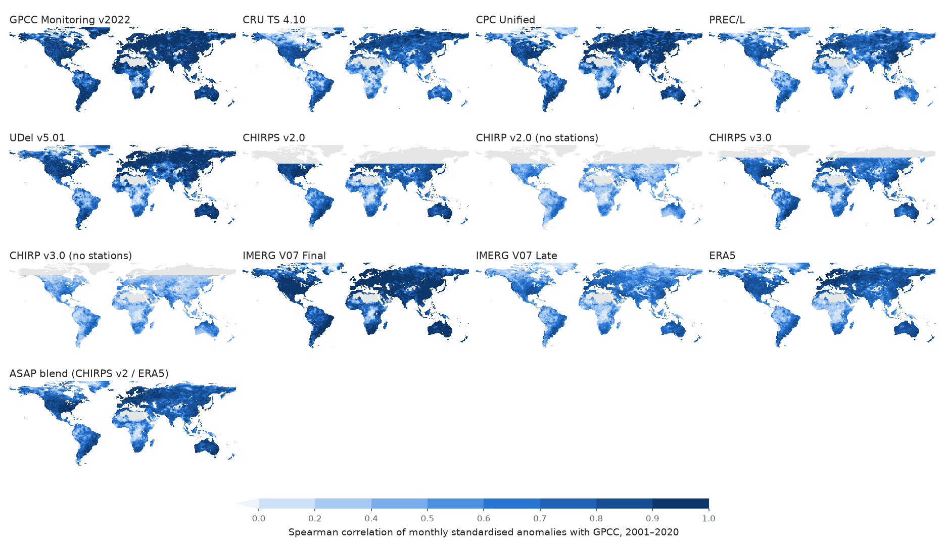 Small-multiple maps of anomaly correlation with GPCC.