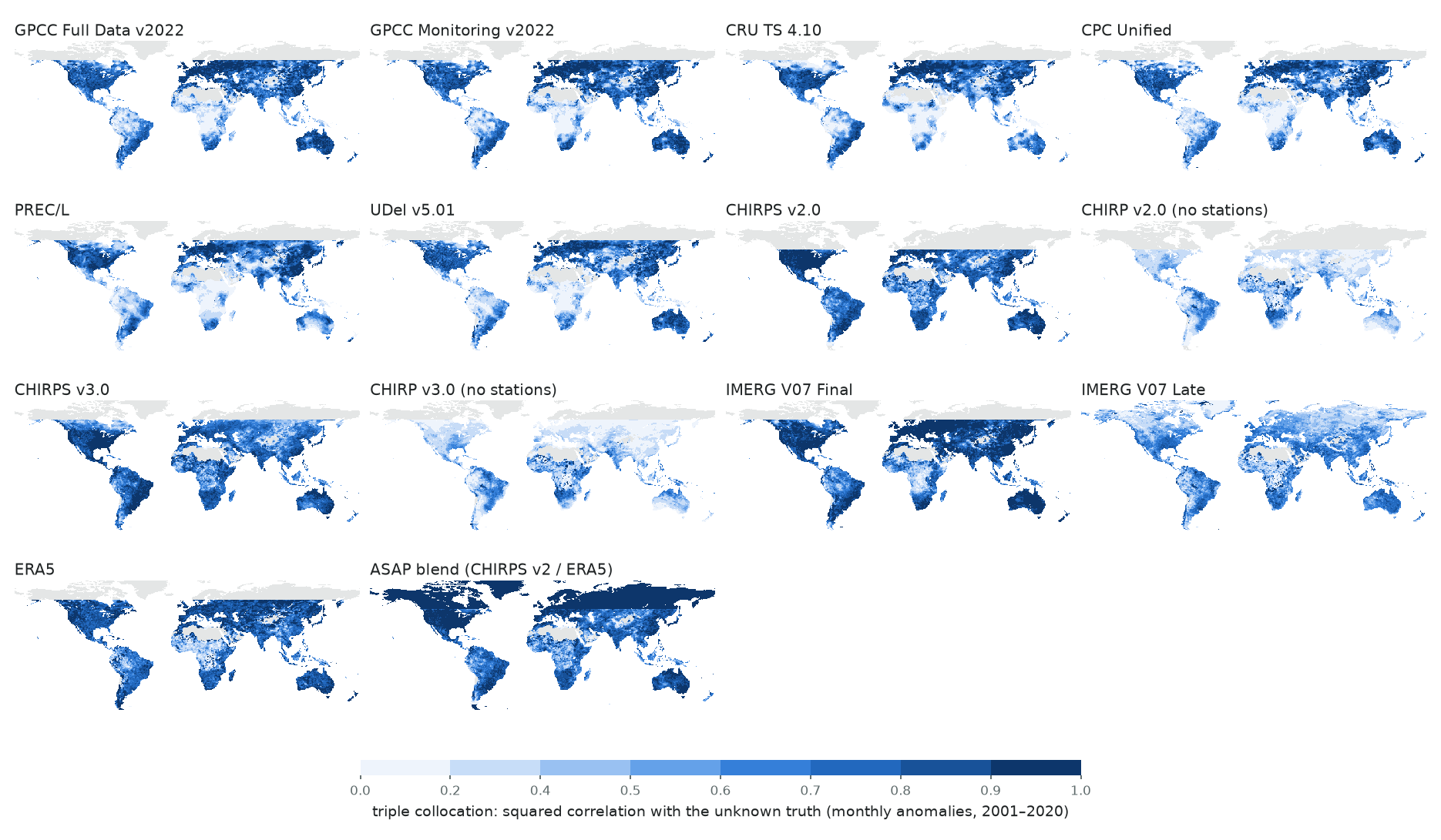 Small-multiple maps of triple-collocation squared correlation with truth.