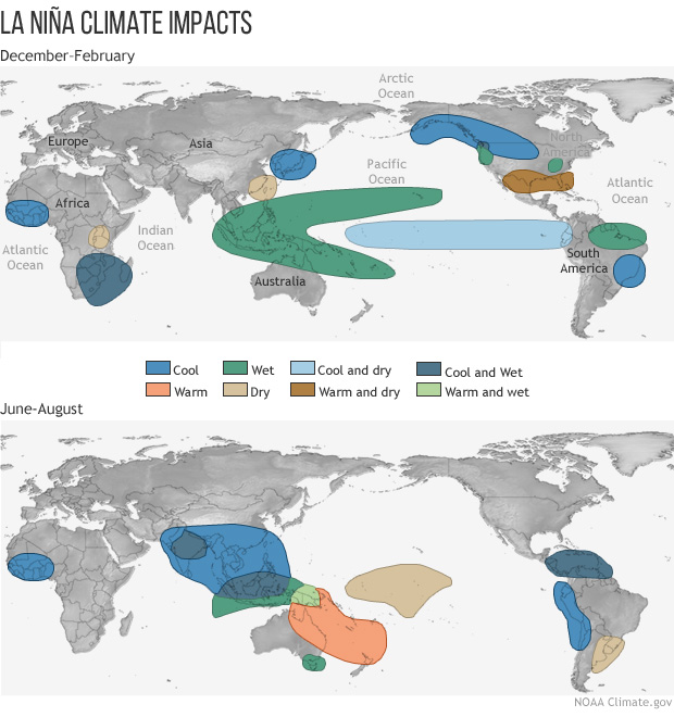 Typical global La Niña impacts for winter and summer